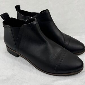 TOMS Black Leather Cap Toe Chelsea Ankle Boots Womens 9.5 Side Zip Low Heel READ